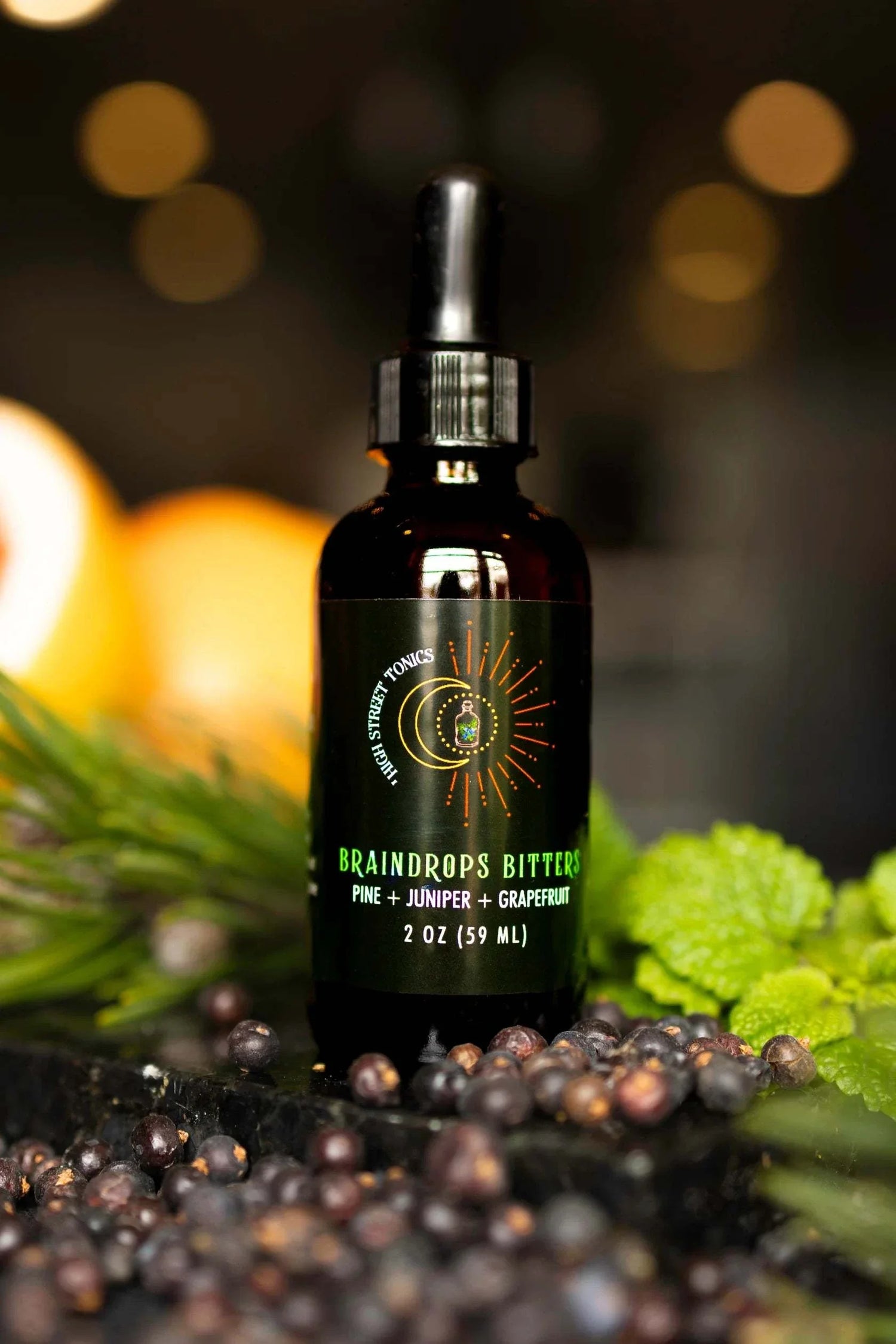 Braindrop Bitters bottle with pine, juniper, and grapefruit flavor for cognitive boost