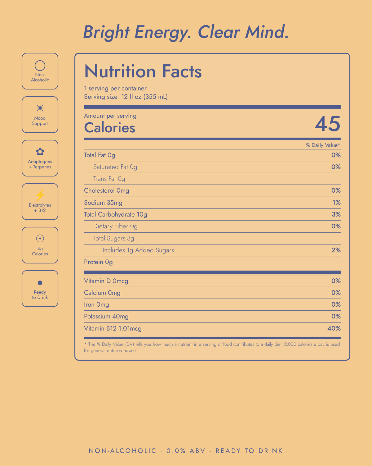 Uplift Adaptogenic Spritz nutrition facts: 45 calories per 12 oz can, non-alcoholic, electrolytes and B12