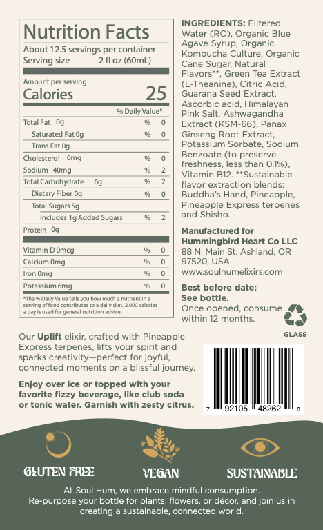 Soul Vibe Duo: Uplift Elixir nutrition facts label on product sheet