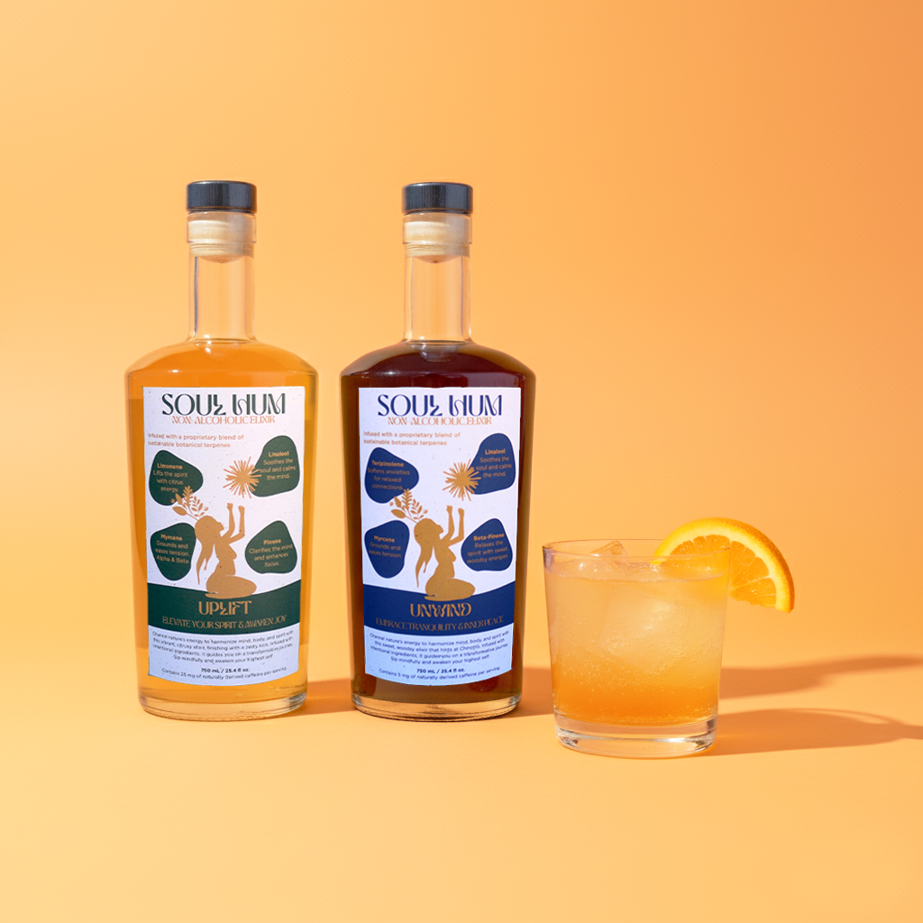 Soul Vibe Duo featuring Unwind and Uplift terpene-infused botanical elixirs for relaxation and inspiration