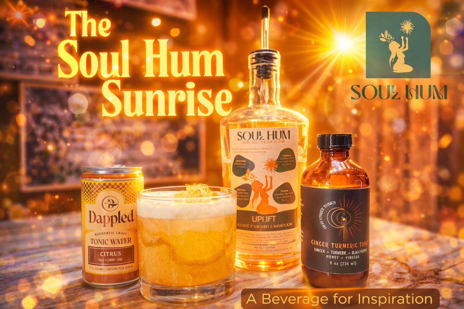Soul Hum Sunrise Set beverage bundle with terpene-infused elixir, ginger turmeric tonic, and citrus tonic water for inspiration and energy