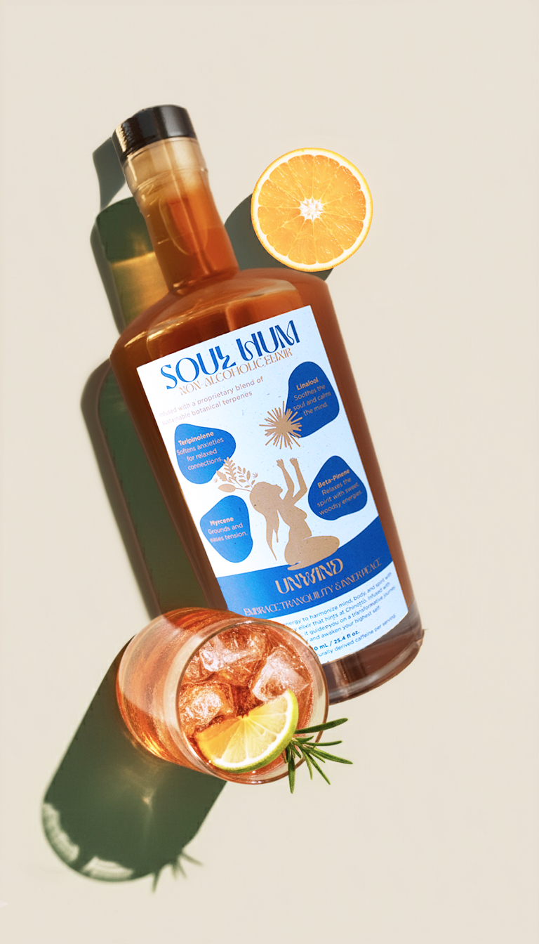 Unwind Elixir non-alcoholic calming beverage with blood orange and botanical terpenes for relaxation and stress relief