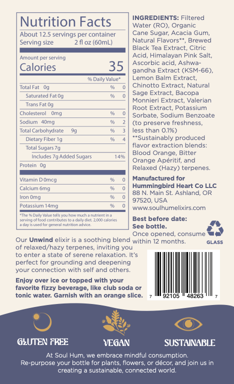 Soul Vibe Duo: Unwind Elixir nutrition facts label on product sheet