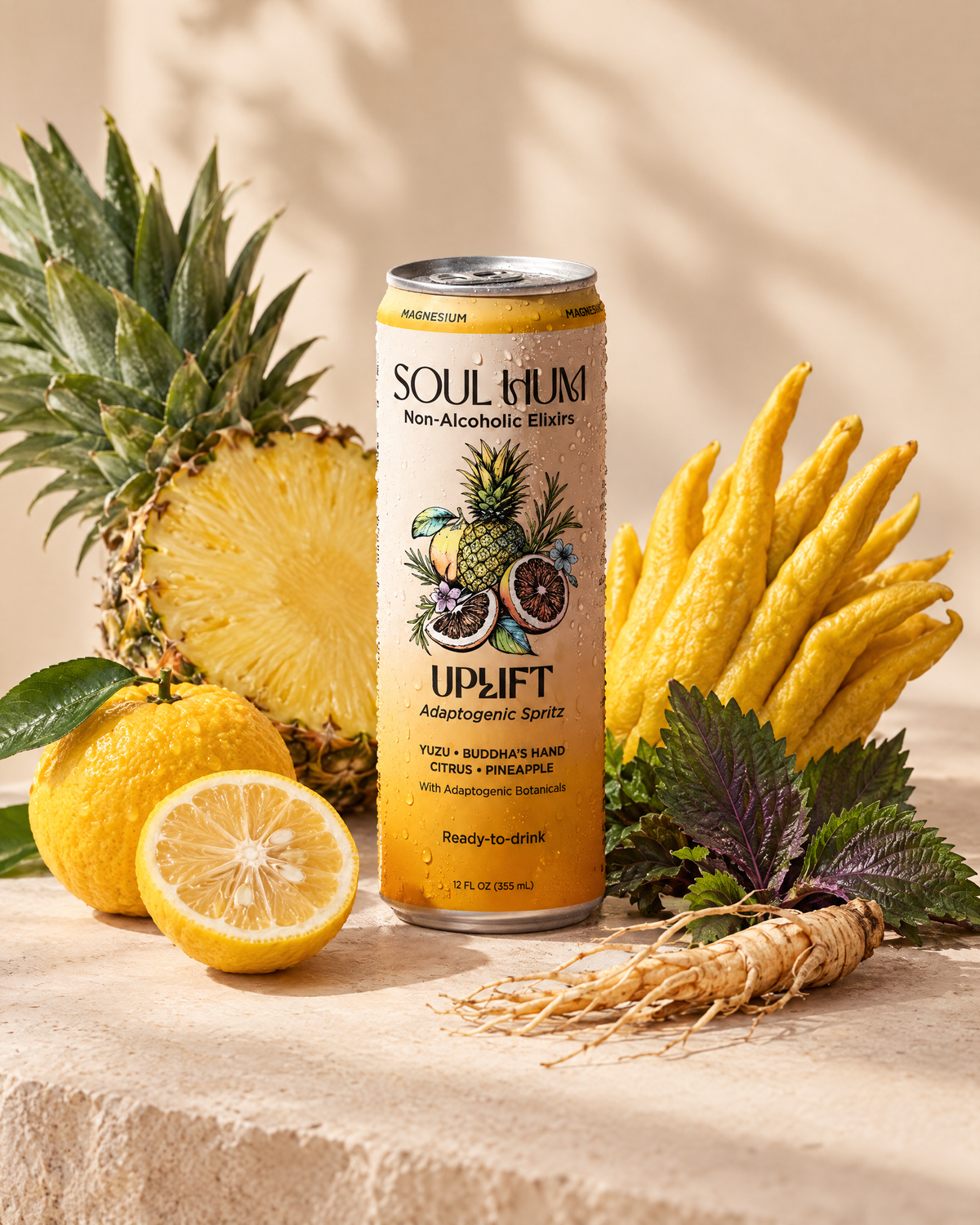 Uplift Adaptogenic Spritz can with pineapple, yuzu, Buddha's hand citron and ginseng