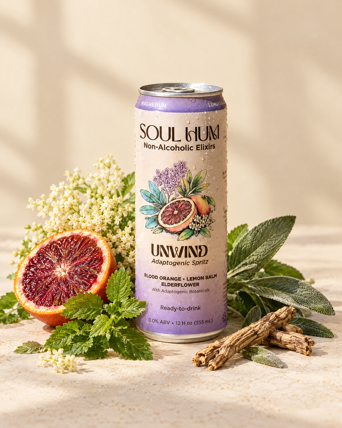 Unwind Adaptogenic Spritz can with blood orange, lemon balm, elderflower and sage