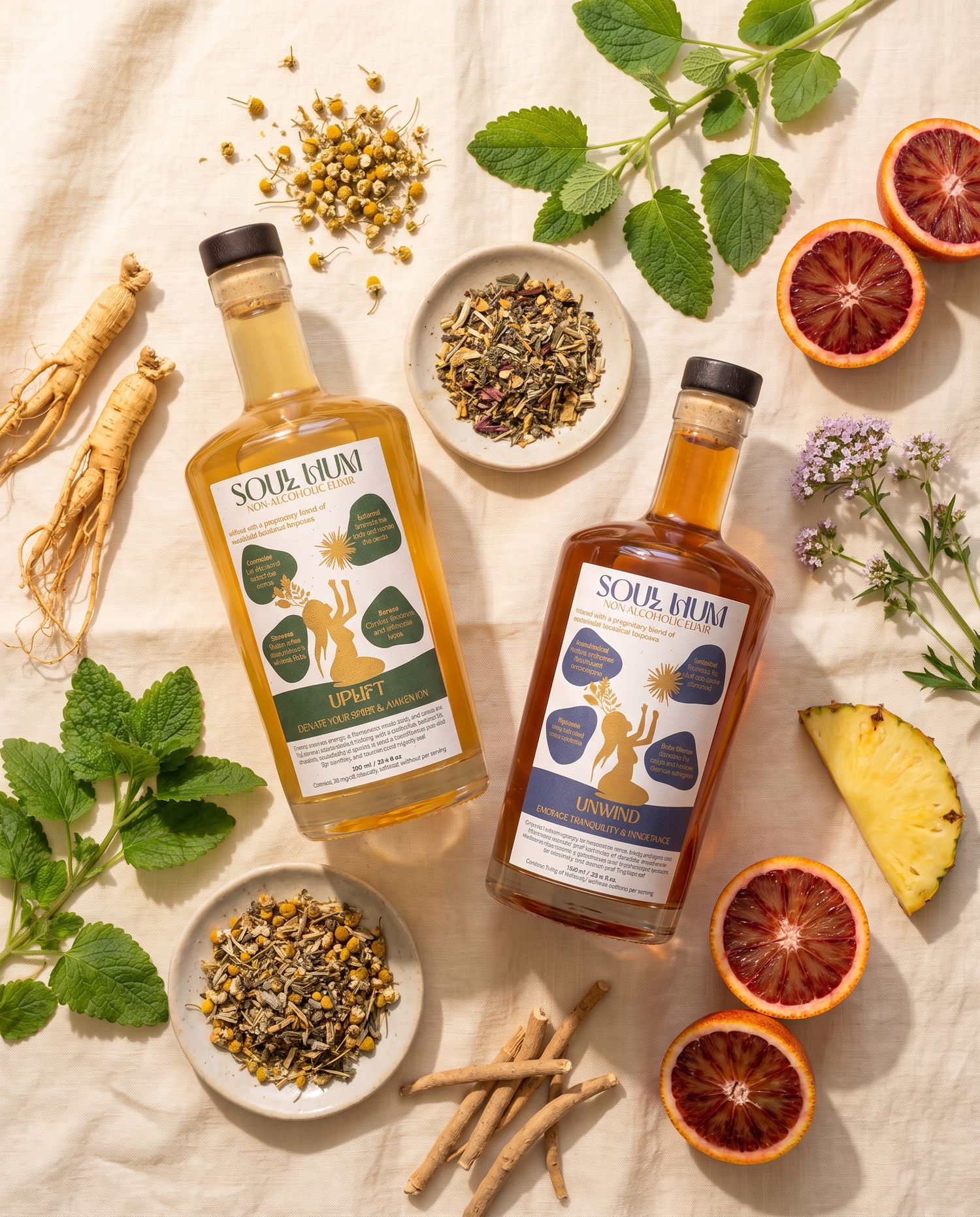 Soul Hum Uplift and Unwind elixirs surrounded by fresh botanicals and adaptogens