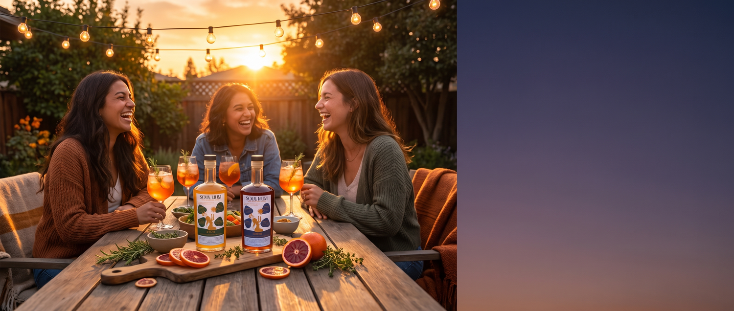 Friends gathered at sunset with Soul Hum elixirs on the table