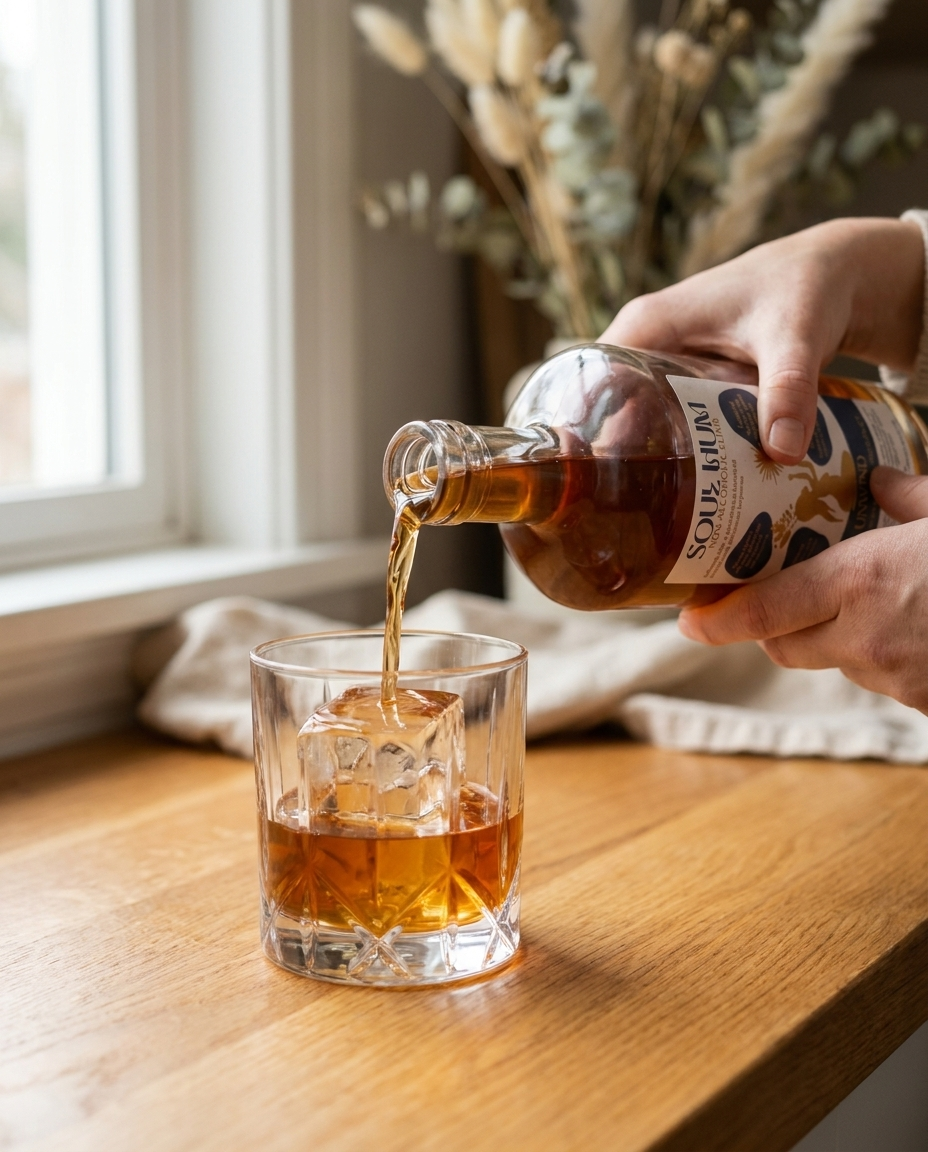 Pouring Soul Hum elixir over a large ice cube