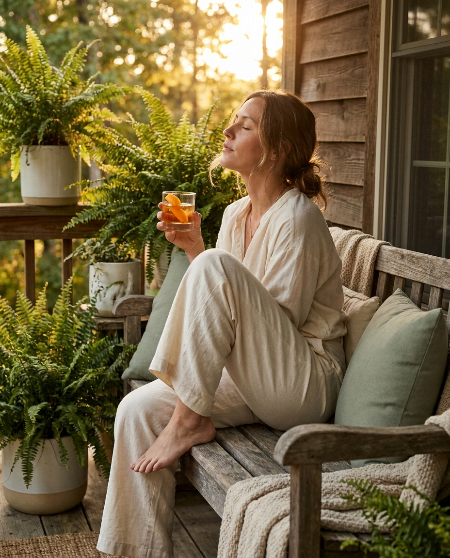 Woman sipping a Soul Hum spritz on a porch at golden hour