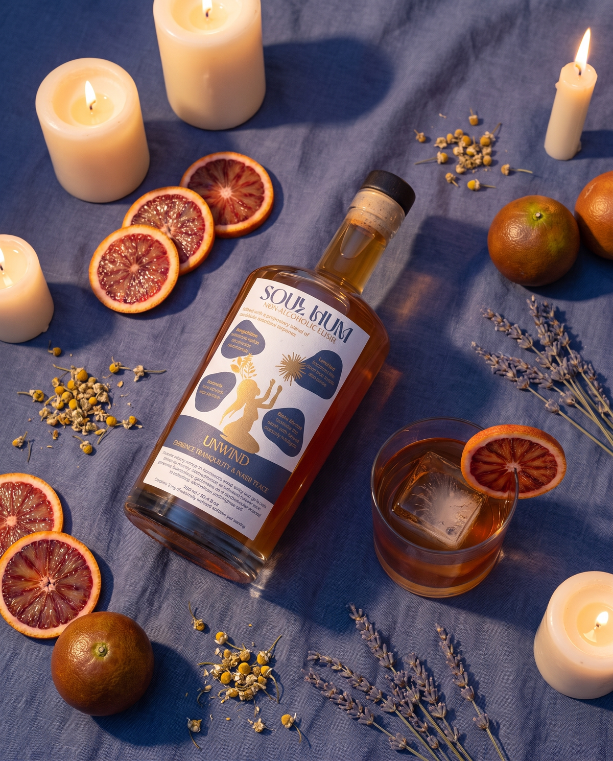 Unwind Elixir at blue-hour dusk with blood orange and chamomile