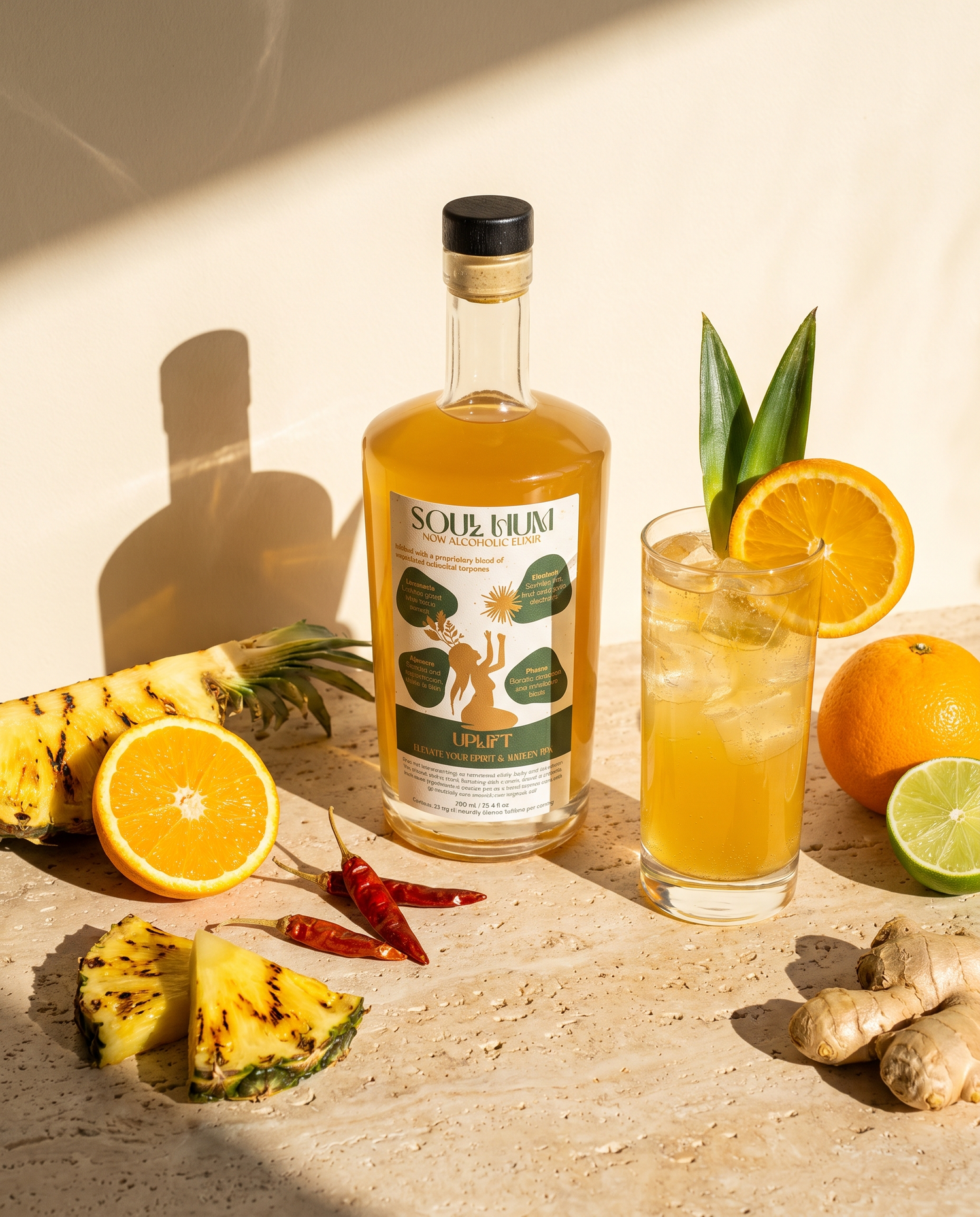 Uplift Elixir in bright morning sun with charred pineapple and citrus