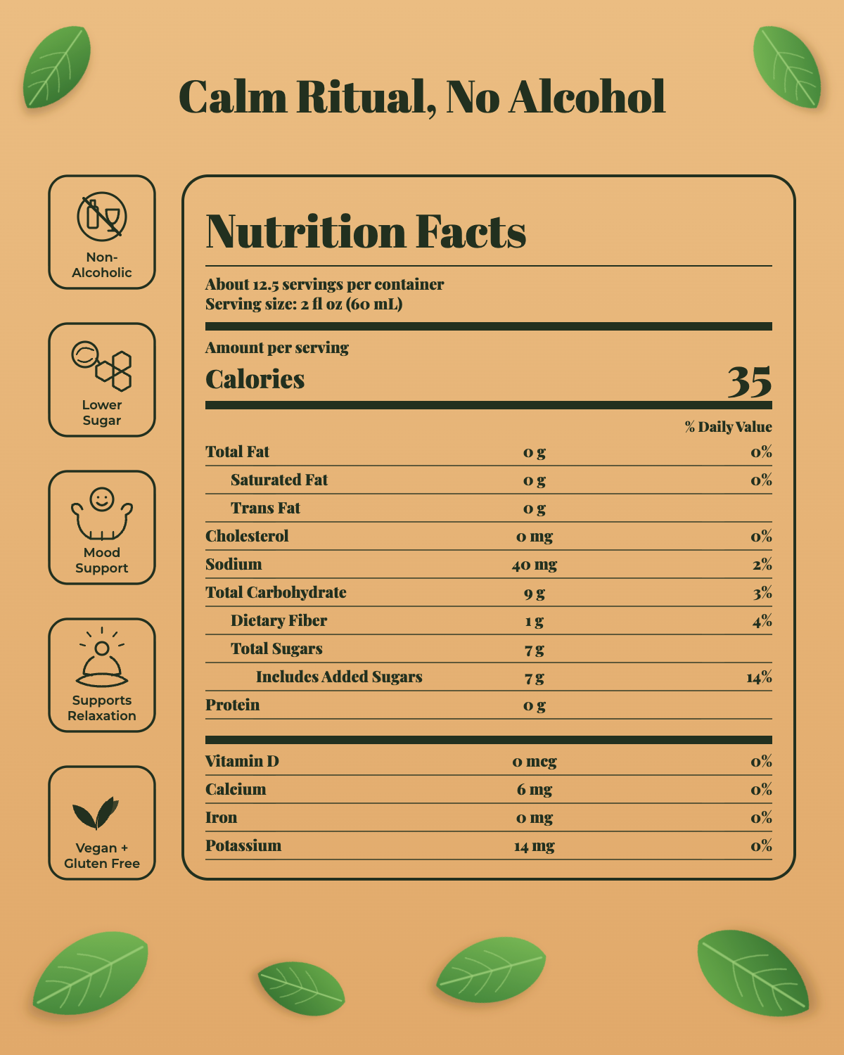 Unwind Elixir nutrition facts: 35 calories per 2 fl oz serving, non-alcoholic, lower sugar, vegan and gluten free