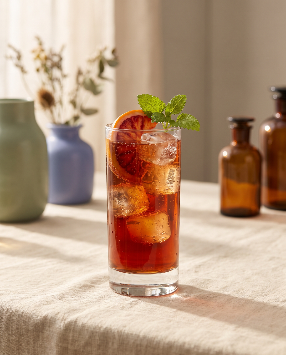 Blood Orange Spritz made with Soul Hum Unwind elixir, served over ice with a blood orange wheel and lemon balm