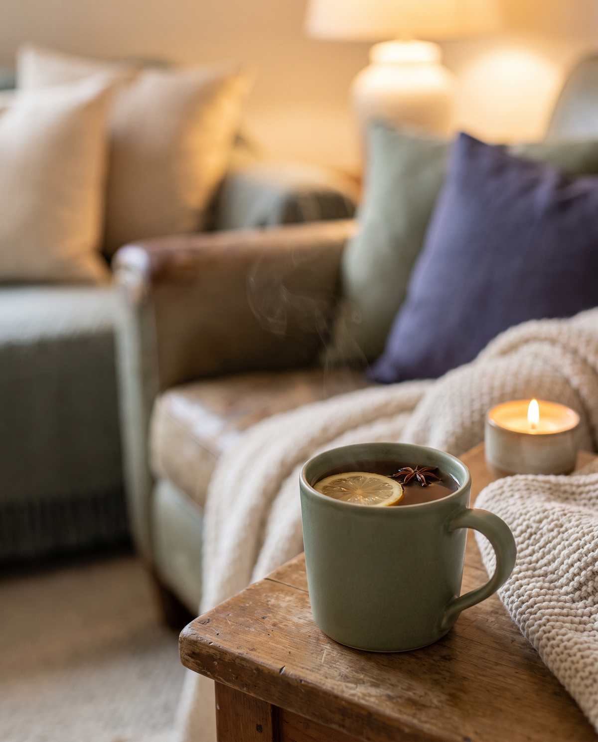 Evening Ritual: warm Soul Hum Unwind elixir in a ceramic mug with a lemon wheel and star anise