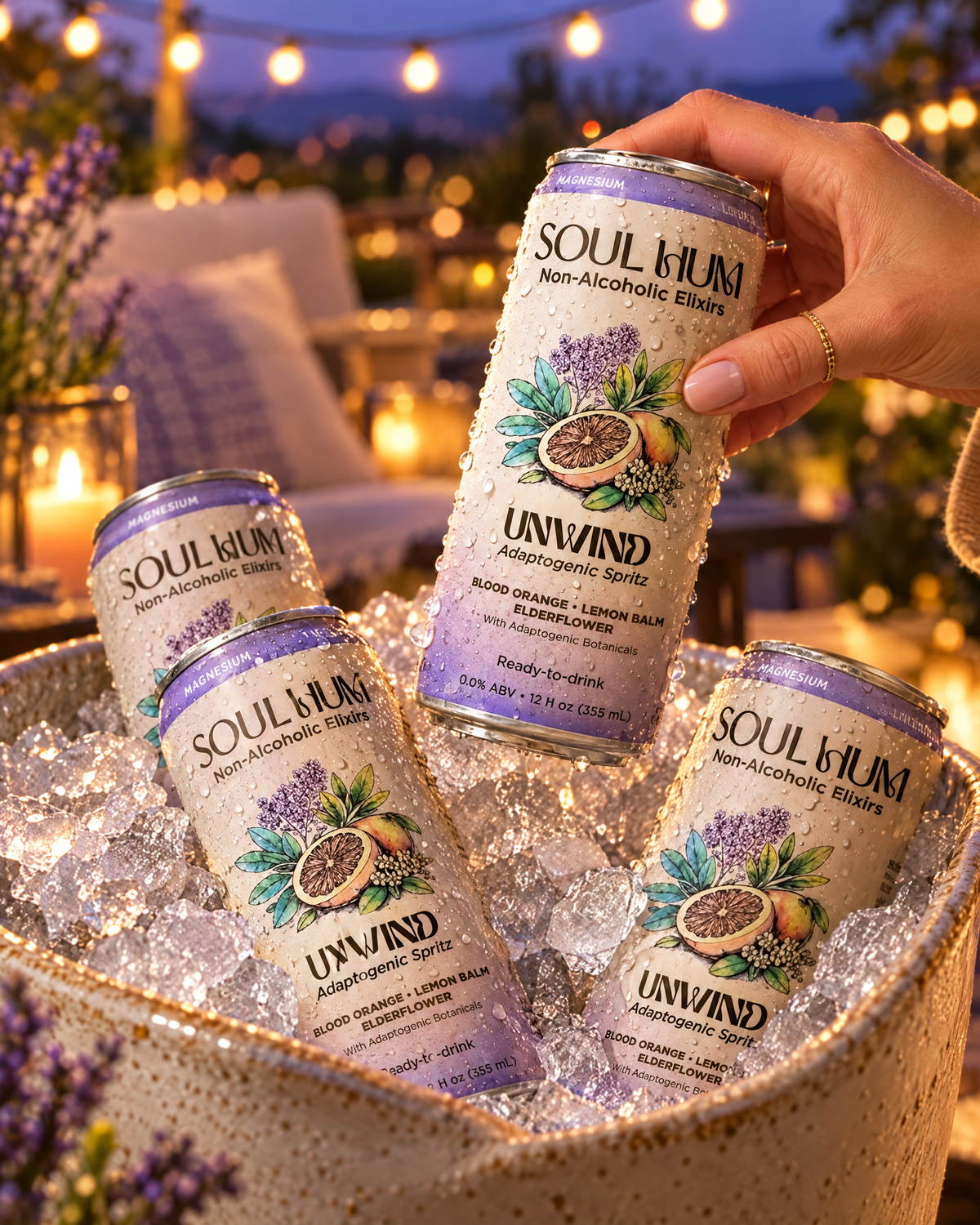 Unwind Adaptogenic Spritz cans in an ice bucket