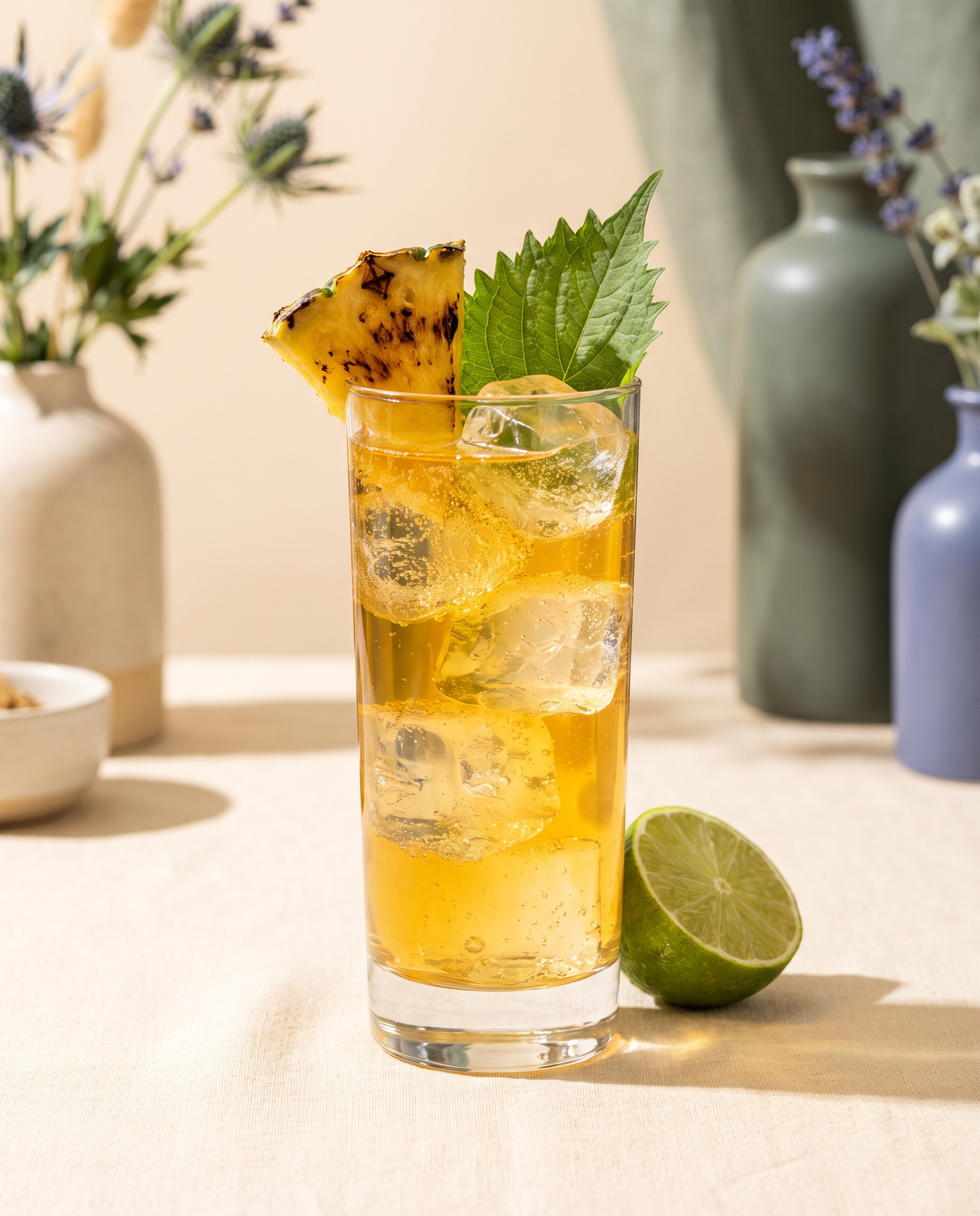 Pineapple Citrus Spritz made with Soul Hum Uplift elixir, served over ice with a charred pineapple wedge and shiso leaf
