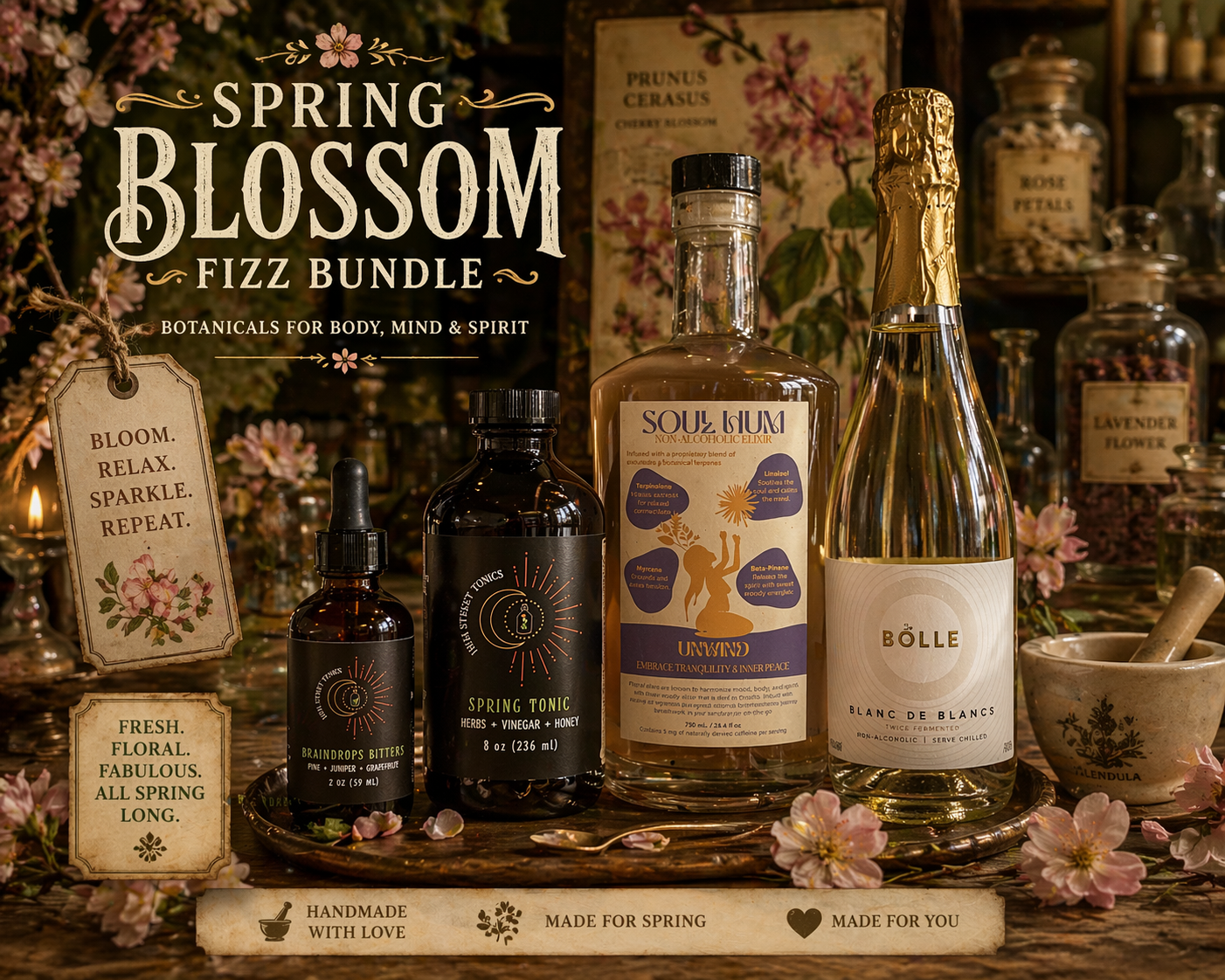 Spring Blossom Fizz Bundle with botanical elixirs and sparkling non-alcoholic wine for a refreshing spring ritual