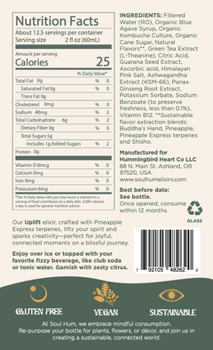 Soul Vibe Duo: Uplift Elixir nutrition facts label on product sheet