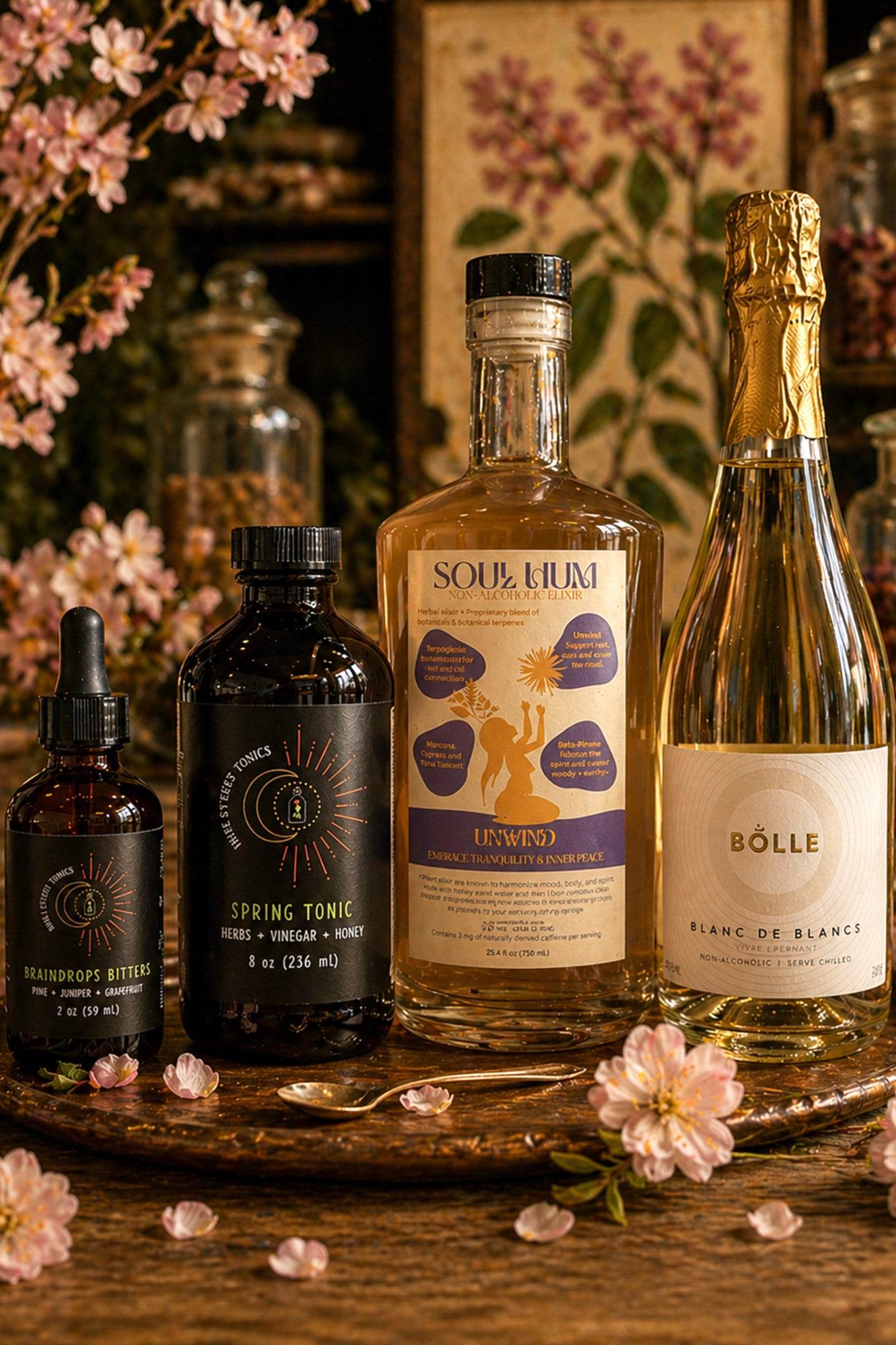 Spring Blossom Fizz Bundle featuring botanical elixirs and sparkling non-alcoholic wine for refreshing spring rituals
