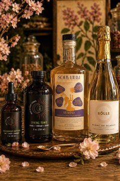 Spring Blossom Fizz Bundle featuring botanical elixirs and sparkling non-alcoholic wine for refreshing spring rituals