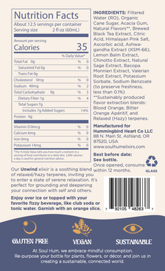 Soul Vibe Duo: Unwind Elixir nutrition facts label on product sheet