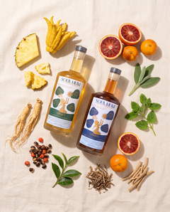 Soul Vibe Duo — Uplift and Unwind Elixirs with their botanical ingredients flatlay