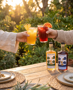 Two glasses clinking — an Uplift spritz and an Unwind spritz