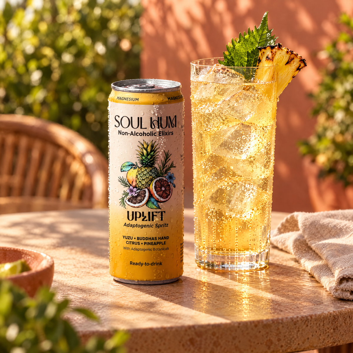 Uplift Adaptogenic Spritz can beside a spritz over ice on a sunlit cafe table