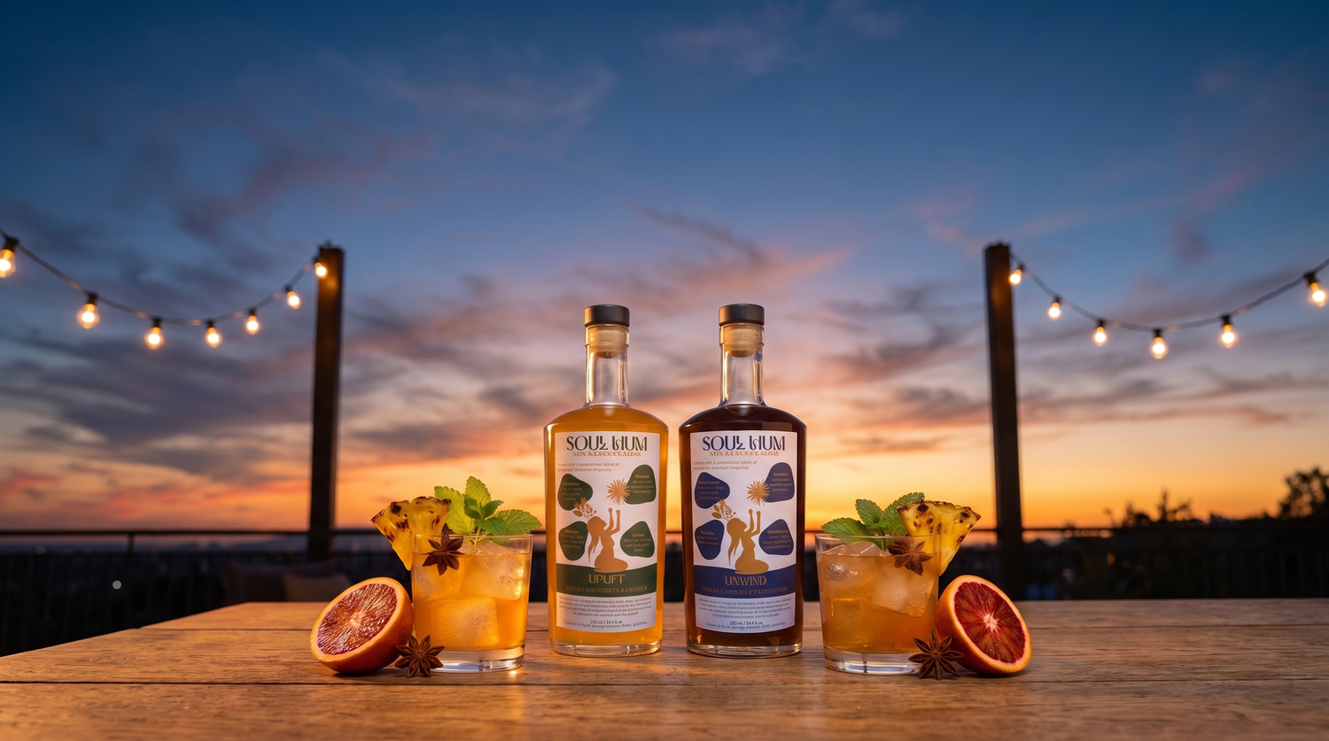 Soul Hum Uplift and Unwind elixirs on a rooftop table at dusk