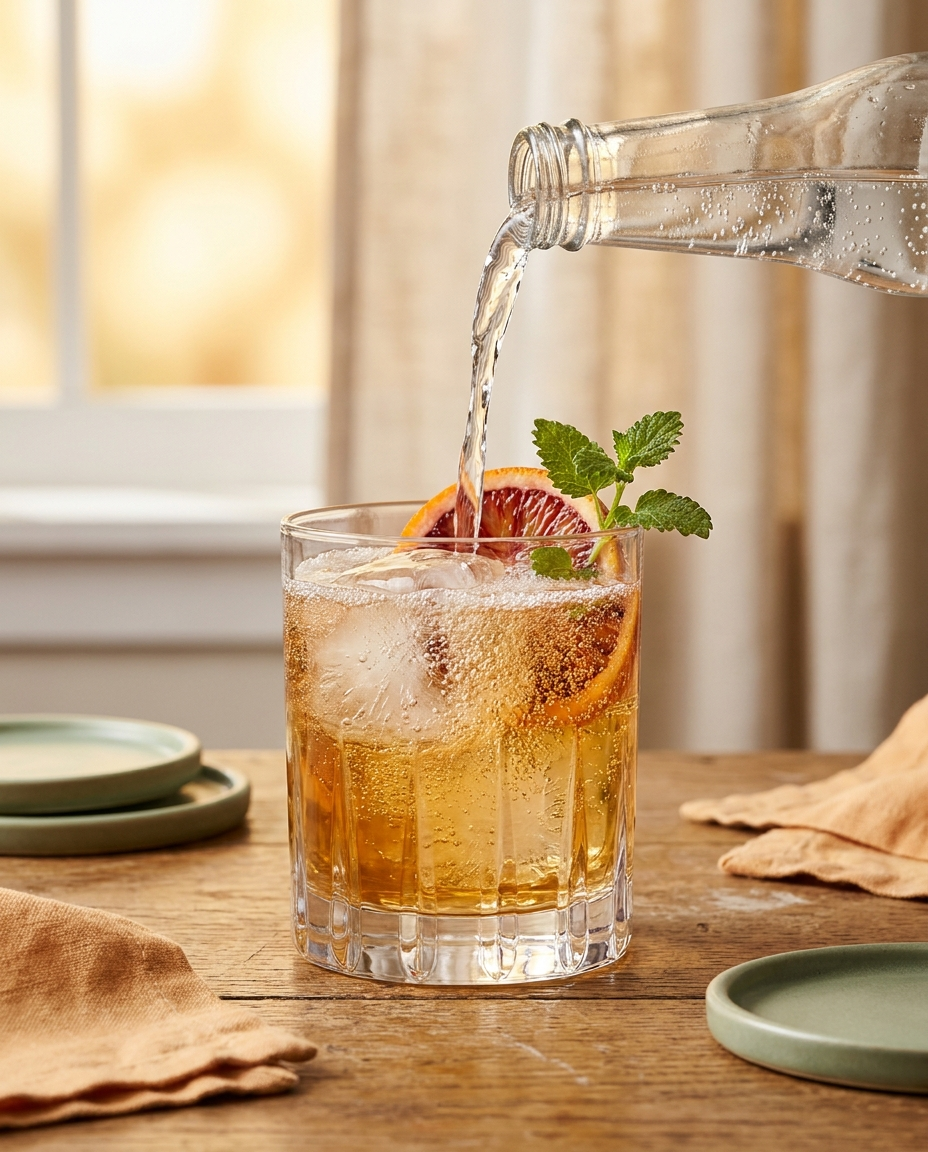 Topping a Soul Hum spritz with sparkling soda and blood orange