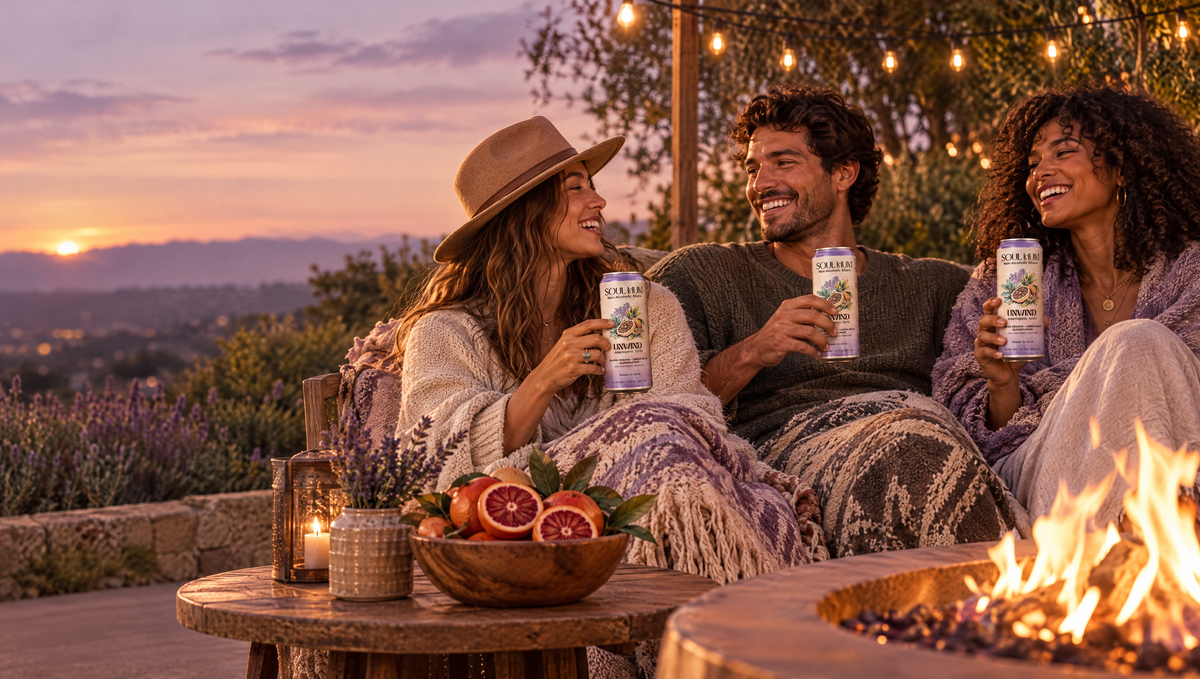 Friends around a fire pit with Unwind Adaptogenic Spritz