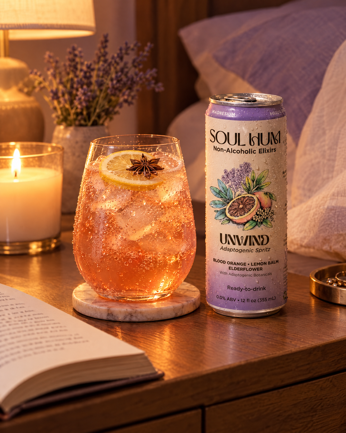Evening Ritual nightcap made with Unwind Adaptogenic Spritz