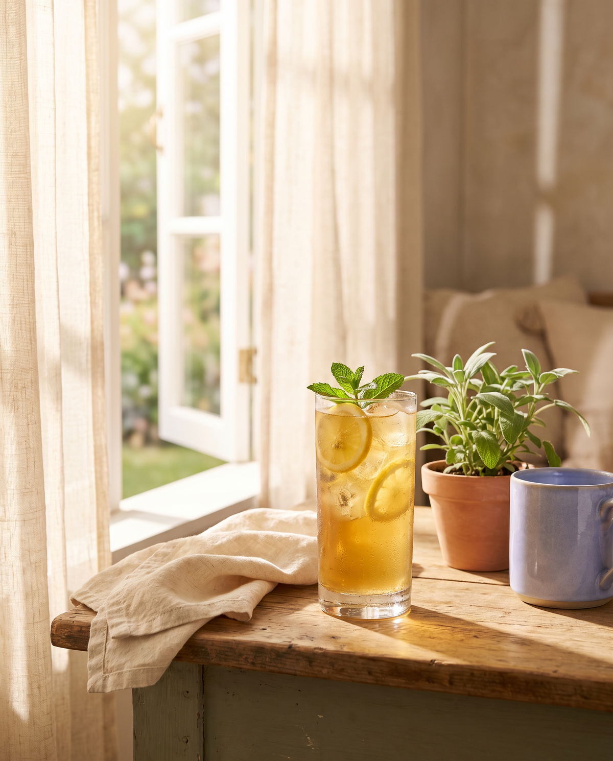 Morning Ritual: Soul Hum Uplift elixir over ice with black tea, a lemon wheel and mint