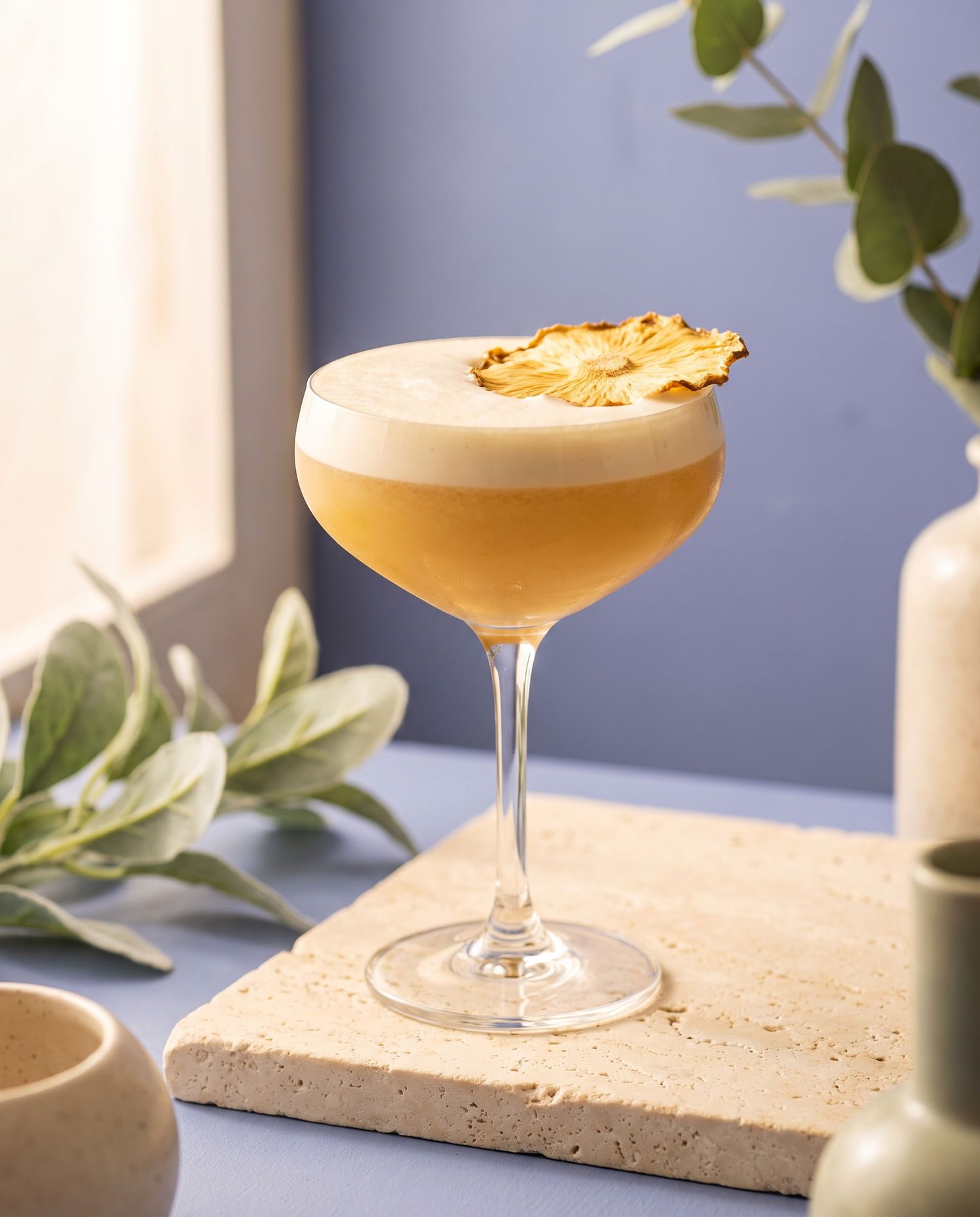 Smoky Pineapple Sour made with Soul Hum Uplift elixir, served in a coupe glass with a golden foam cap and dried pineapple wheel