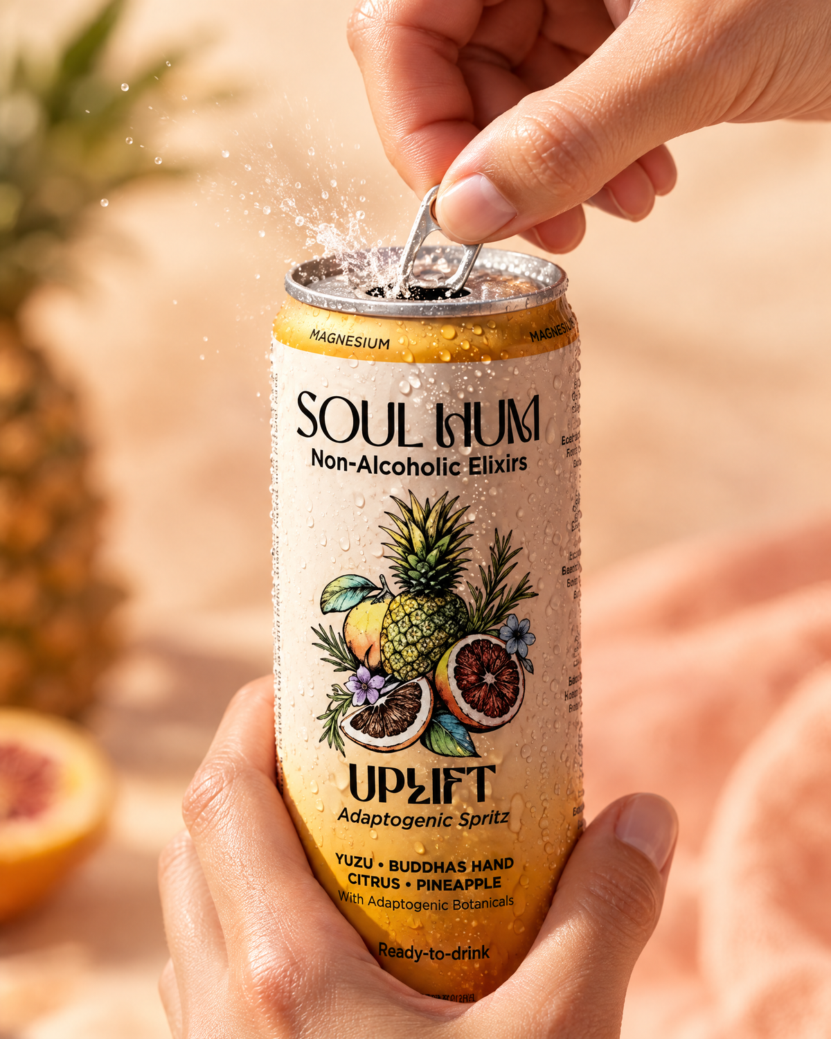 Hand cracking open an Uplift Adaptogenic Spritz can