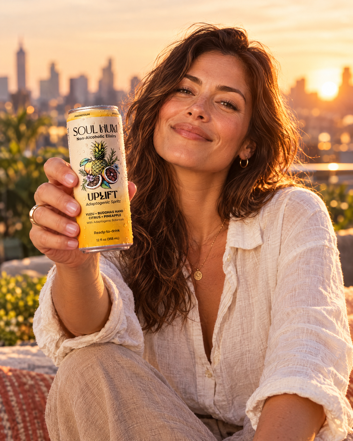 Woman toasting with an Uplift Adaptogenic Spritz can at golden hour