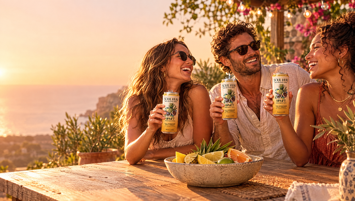 Friends sharing Uplift Adaptogenic Spritz on a terrace